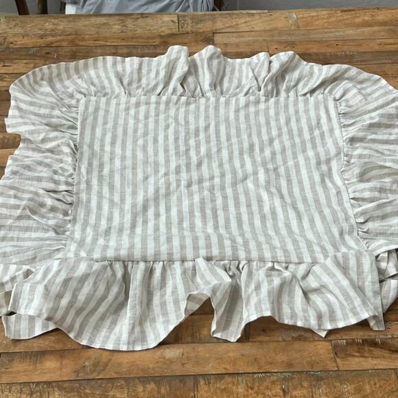 The White Linen Farmhouse Chair Cover Ruffled Striped White & Tan French Linen - Picture 2 of 12